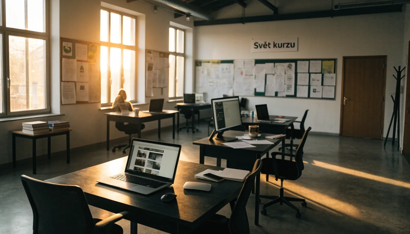 Studio where kurzy webového designu probíhají — třída s notebooky a lektorkou u tabule