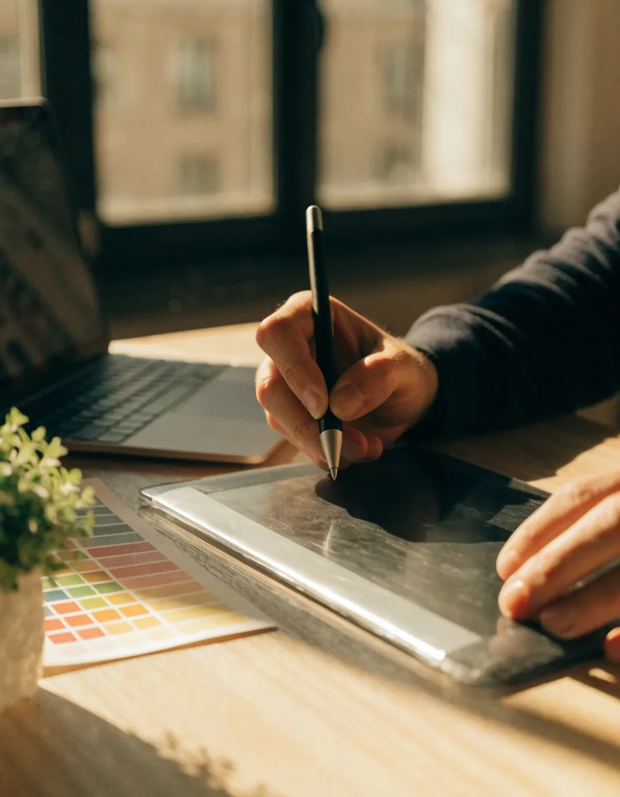 Ruce designéra pracující se stylusem u grafického tabletu ve studiu