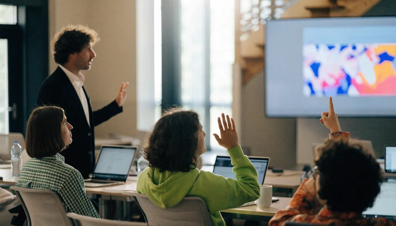 Skupina účastníků kurzu na workshopu v moderní pražské učebně
