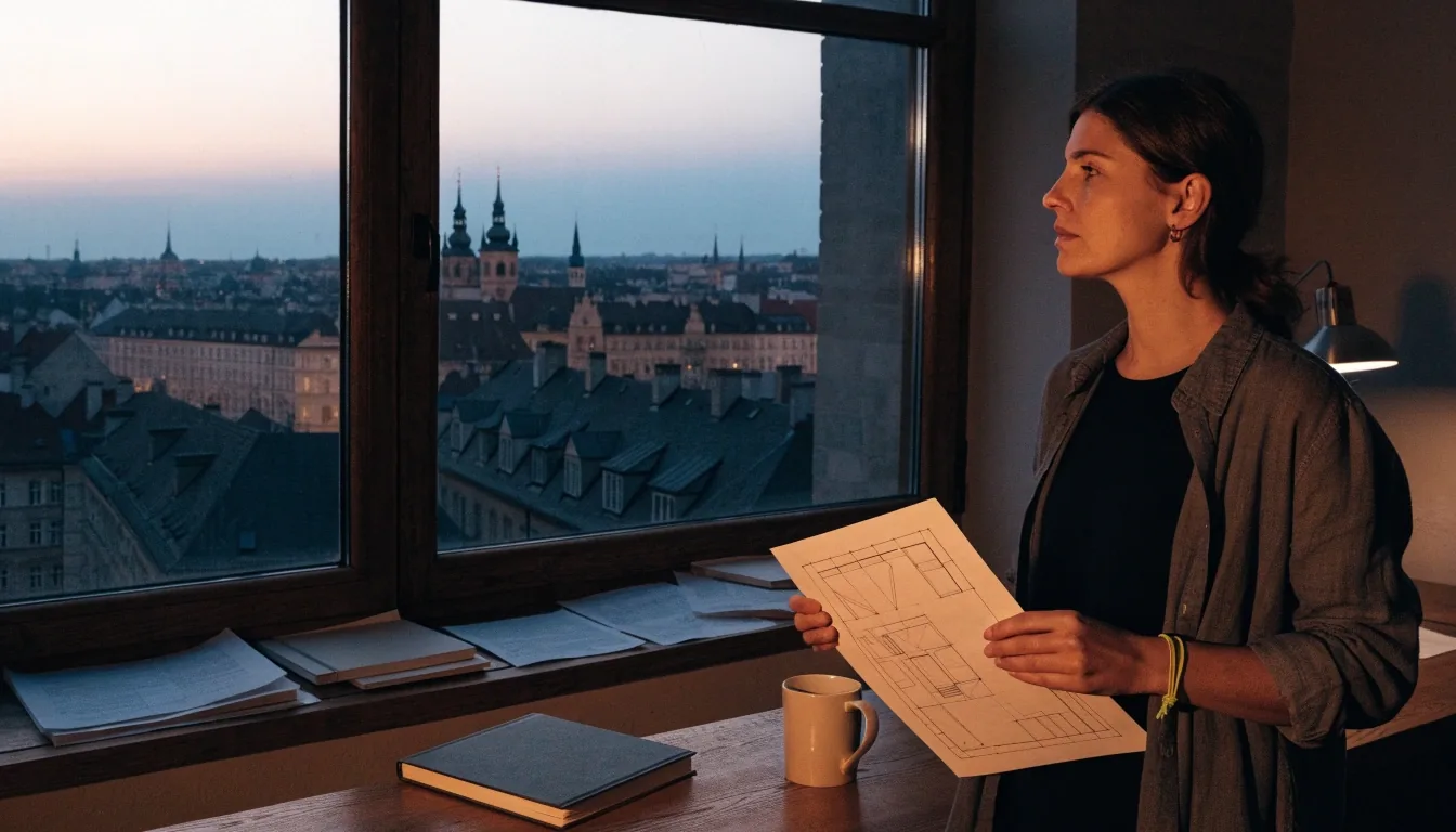 Ztišený ateliér na konci dne s odloženým náčrtníkem a tištěným návrhem
