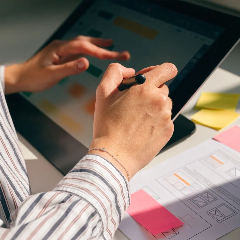 Ruce designéra u tabletu a klávesnice při přípravě rozhraní na obrazovce
