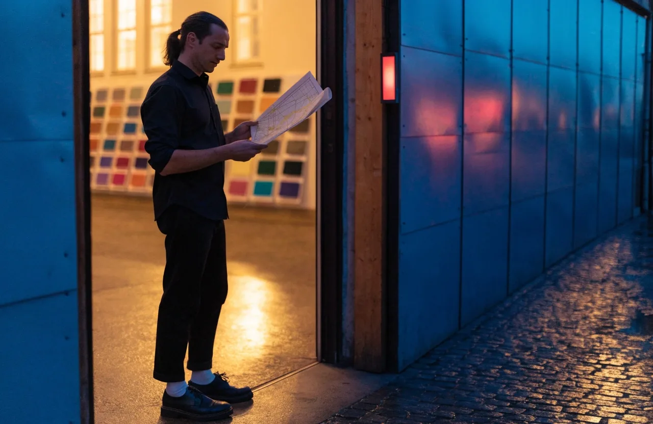 Večerní ulice v Praze kolem rozsvíceného okna designového studia