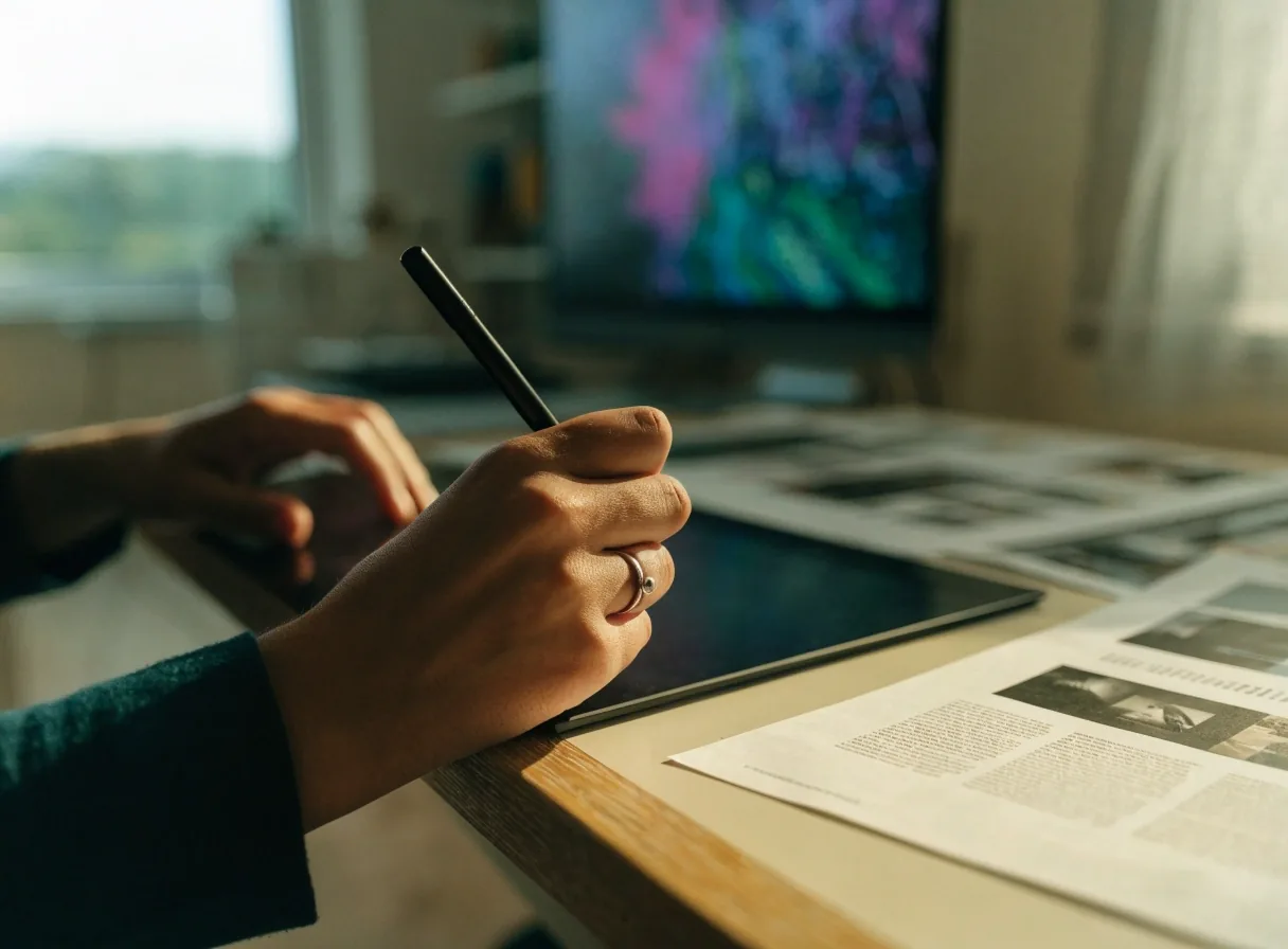 Ruce designéra pracujícího s tabletem a stylusem v dílně webového designu